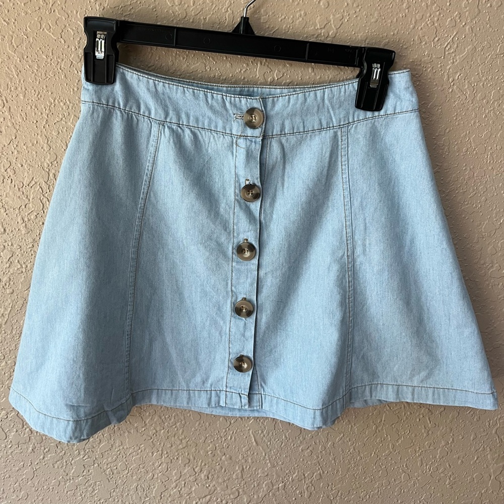 Womens Mimi Chica Blue Chambray Denim Mini Skirt Front Buttons Sz XS EUC